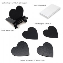 Telefon Standlı Bardak Altı Seti - Kalp (Siyah) -003