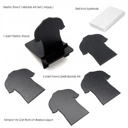 Telefon Standlı Bardak Altı Seti - Forma (Siyah) -006