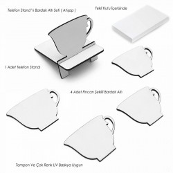 Telefon Standlı Bardak Altı Seti - Fincan (Beyaz) -007