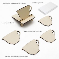 Telefon Standlı Bardak Altı Seti - Fincan (Krem) -008