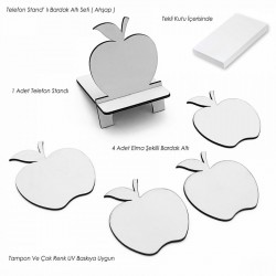 Telefon Standlı Bardak Altı Seti - Elma (Beyaz) -010