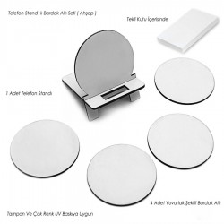 Telefon Standlı Bardak Altı Seti - Yuvarlak (Beyaz) -019