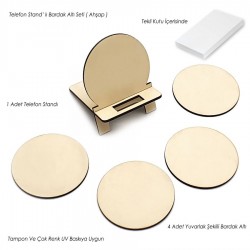 Telefon Standlı Bardak Altı Seti - Yuvarlak (Krem) -020