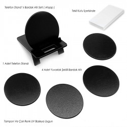 Telefon Standlı Bardak Altı Seti - Yuvarlak (Siyah) -021