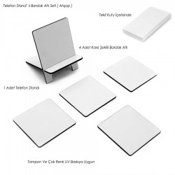 Telefon Standlı Bardak Altı Seti - Kare (Beyaz) -022
