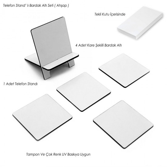 Telefon Standlı Bardak Altı Seti - Kare (Beyaz) -022, DP-AB-022 Telefon Standlı Bardak Altı Seti - Kare (Beyaz) -022, DP-AB-022