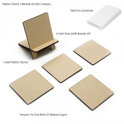 Telefon Standlı Bardak Altı Seti - Kare (Krem) -023