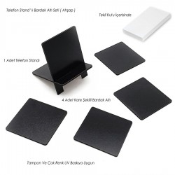 Telefon Standlı Bardak Altı Seti - Kare (Siyah) -024