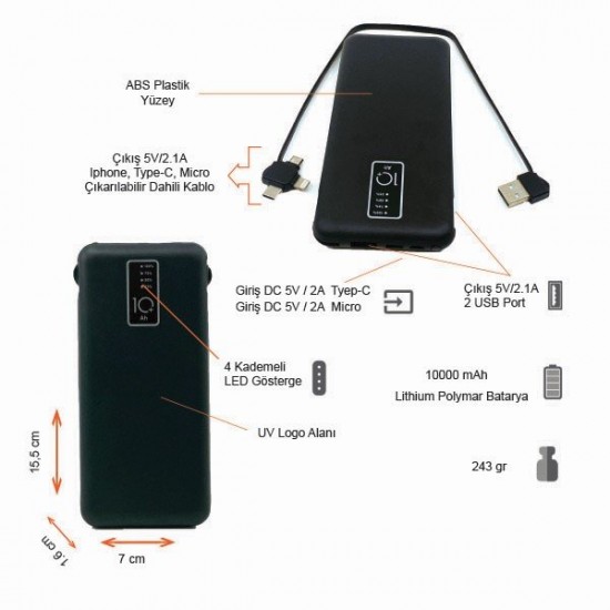 10000 mAh Powerbank (Dahili Kablolu) K420 Siyah 10000 mAh Powerbank (Dahili Kablolu) K420 Siyah
