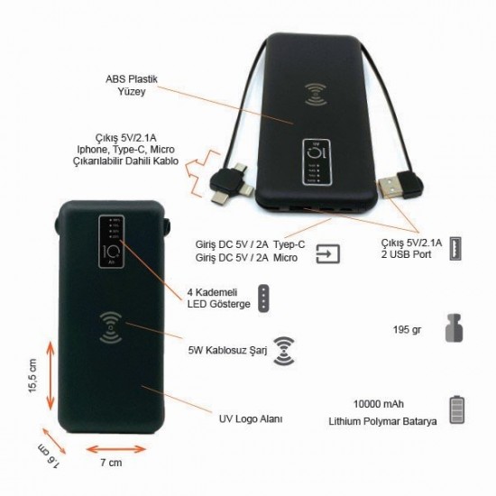 10000 mAh Wireless Powerbank (Dahili Kablolu) K410 Siyah 10000 mAh Wireless Powerbank (Dahili Kablolu) K410 Siyah