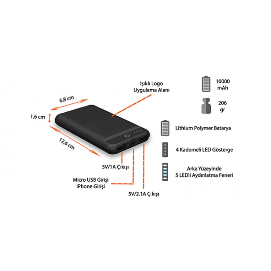 10000 mAh Powerbank Işıklı Logo K310 10000 mAh Powerbank Işıklı Logo K310