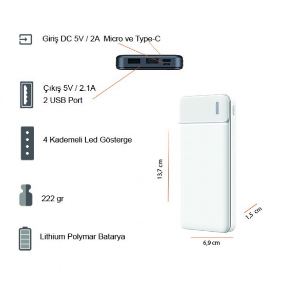10000 mAh Powerbank K500 Beyaz 10000 mAh Powerbank K500 Beyaz